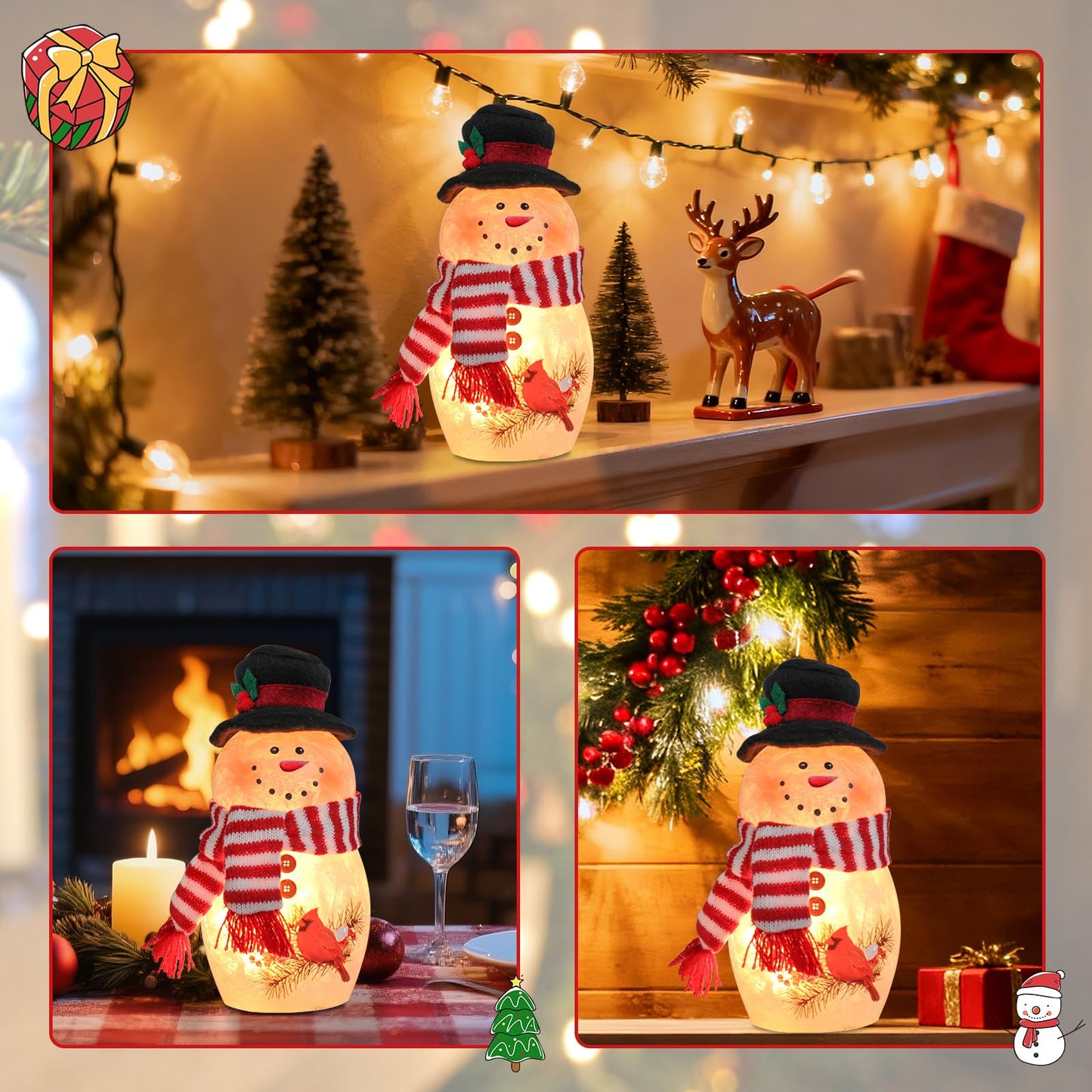 VCUTEKA Crackle Glass Snowman Lamp, Lighted Stained Glass Christmas Decoration with Red Cardinals, Scarf and Hat, LED Holiday Night Light for Xmas Home Décor or Gift
