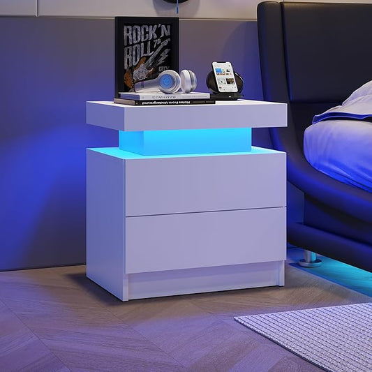 White Night Stand LED Nightstands with 2 Drawers Modern Bedside Table for Bedroom,Living Room