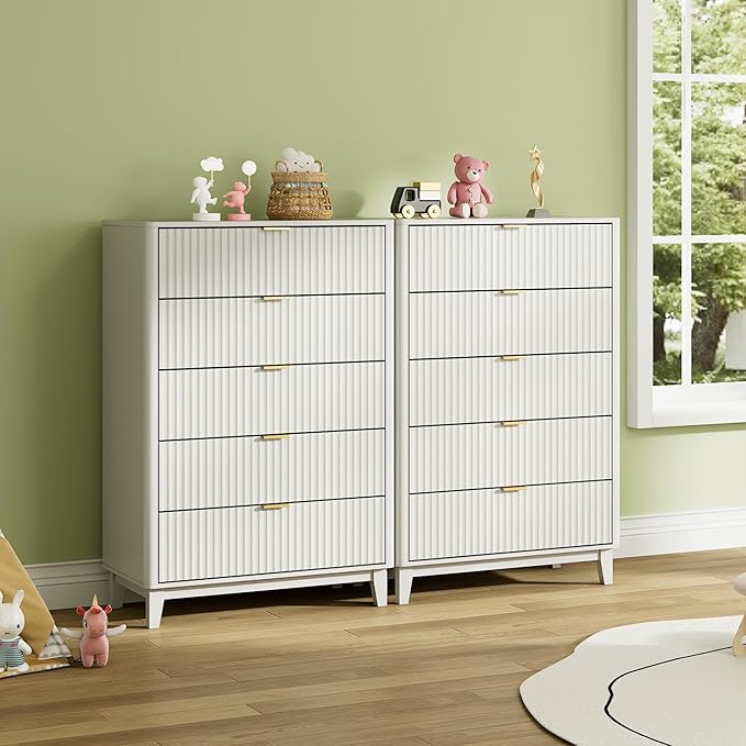WLIVE Fluted Dresser for Bedroom with 5 Drawers, 46.26" Tall Wood Dresser with Golden Metal Handles, Mid Century Modern Chest of Drawers for Living Room, Hallway, Closet, Solid White