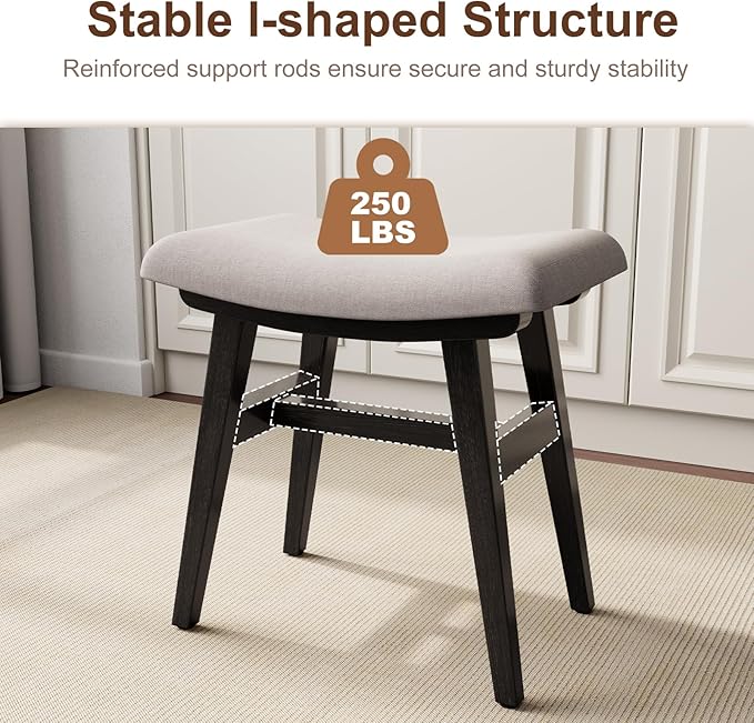 Solid Wood Small Vanity Stool, Compact Makeup Chair with Saddle Cushion, Linen-Covered High Rebound Sponge Seat, Easy Assembly Footstool, Modern Ottoman for Bedroom, Entryway, Home, Black