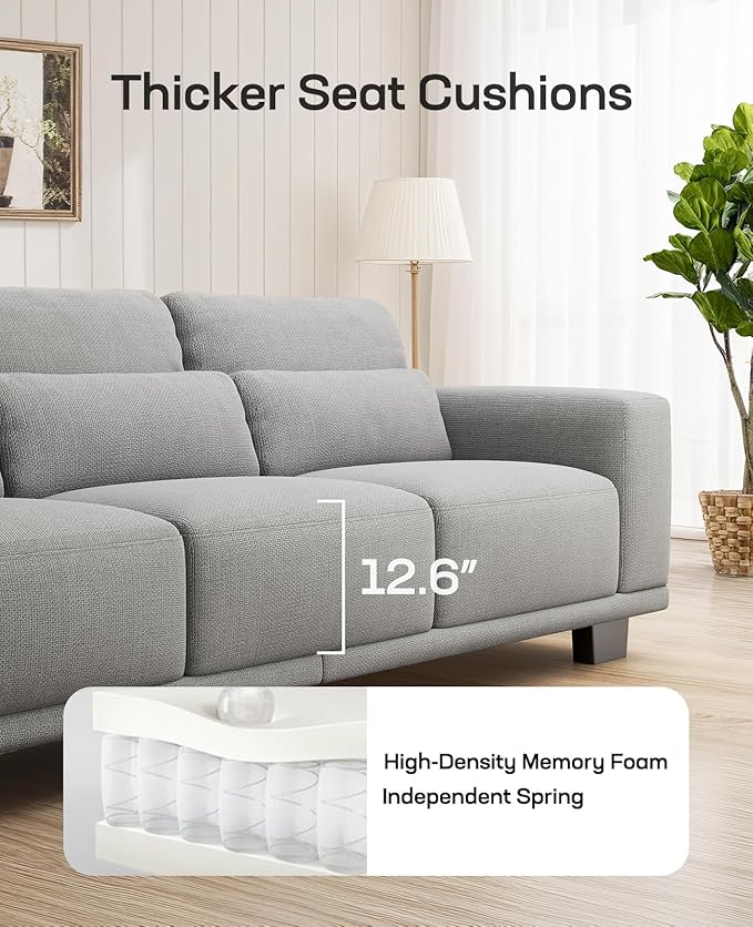 Marsail 3-Seater Modern Sofa, 89" Couch with Wide Armrests & Deep Cushions, Linen Sofas with Removable Washable Covers for Living Room, Grey