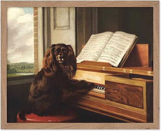 Poster Master Vintage Portrait of an Extraordinary Musical Dog Poster - Retro Dog Print - Puppy Art - Music Art - Piano Art - Animal Lover Art - Living Room or Office Decor, 8x10 Beige Framed