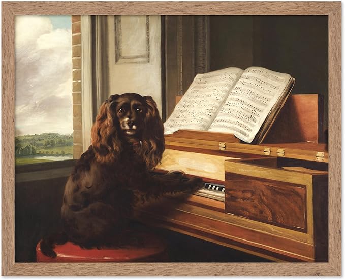 Poster Master Vintage Portrait of an Extraordinary Musical Dog Poster - Retro Dog Print - Puppy Art - Music Art - Piano Art - Animal Lover Art - Living Room or Office Decor, 16x20 Beige Framed