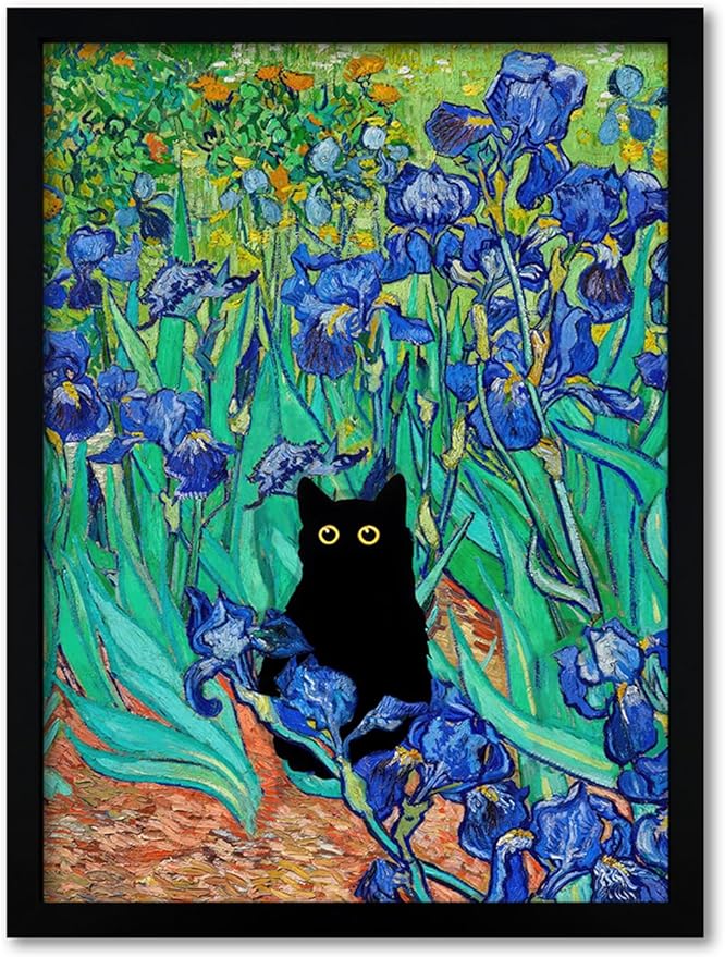 Krtoni Framed Van Gogh Irises Canvas Wall Art, Famous Oil Paintings Garden Flower Black Cat Wall Decor, Impressionism Funny Vintage Print Artwork For Farmhouse Gallery Bathroom 16''L x 12''W