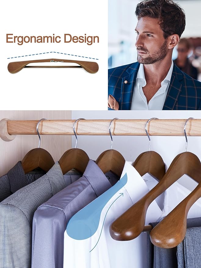 HOUSE DAY Wide Shoulder Wooden Hangers, Suit Hangers with Non Slip Pants Bar, Smooth Finish 360° Swivel Hook Solid Wood Coat Hangers for Dress, Jacket, Pants, Heavy Clothes Hangers 6 Pack (Walnut)