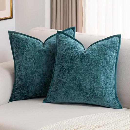 FUTEI Teal Chenille Throw Pillow Covers 20x20 Inch Set of 2,Soft Cozy Bound Edge Design Cushion Case,Home Decor for Couch Bed Living Room