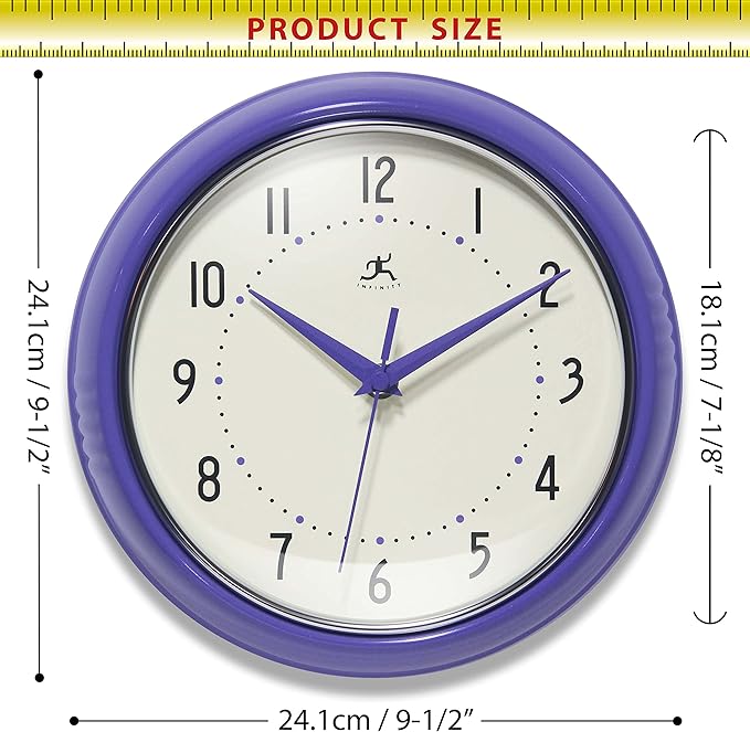 Infinity Instruments LTD. Retro 9 inch Silent Sweep Non-Ticking Mid Century Modern Kitchen Diner Wall Clock Quartz Movement Retro Wall Clock Decorative (Veri Peri)