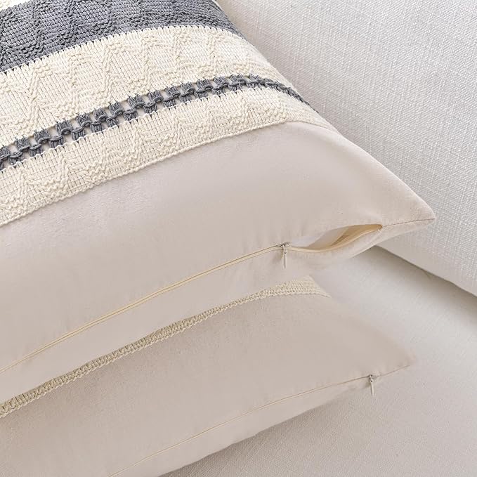Fancy Homi Set of 2 Neutral Grey Farmhouse Decorative Throw Pillow Covers 16x16 Inch for Couch Bed Chair Indoors, Vintage Country Rustic Retro Room Decor, Soft Thick Cotton Handmade Woven Cushion Case