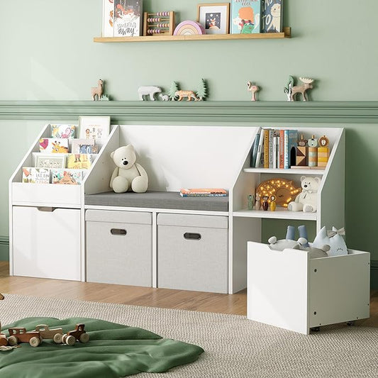 oneinmil 67" Kids Reading Nook with Bench Kids Bookshelf and Bookcase with Seat Cushion and Cube Storage Organizer Toddler Storage Cabinets Box on Wheels Children Toy Chestfor Bedroom, Nursery, White