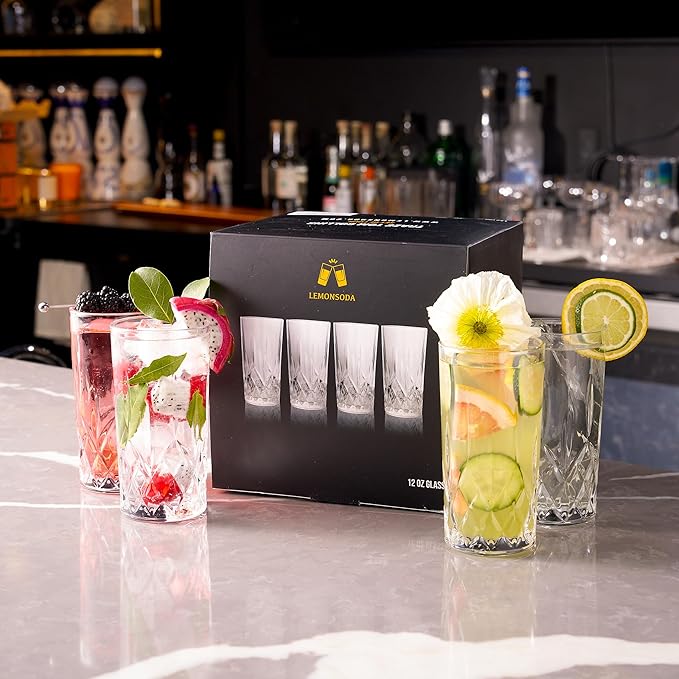 LEMONSODA Premium 12oz Highball Glass, for Water, Juices, cocktails - Set of 4 - Crystal Cut Glasses – Elegant Textured Tom Collins Glassware Set - Premium Packaging