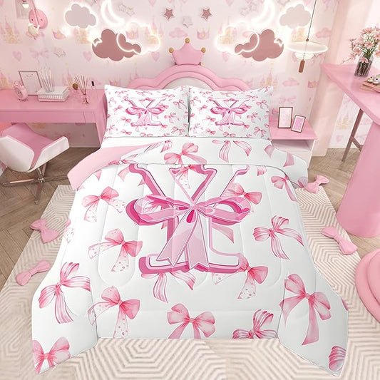 jejeloiu Kids Girls Cute Pink Bow Comforter Set Toddler Size Monogrammed Bedding Set Ultra Soft Personalized Initial Y Duvet Quilt Coquette Bow Knot Quilt Set Room Decor Modern Fashion Comforter