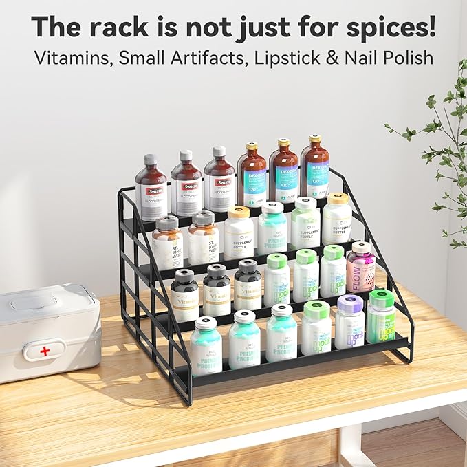 Spice Rack Kitchen Cabinet Organizer,4 Tier Countertop Spice Rack,Tier Depth Adjustable Cabinet Shelf,Step Spice Organization Easy Visibility,Holds Seasoning and Condiments