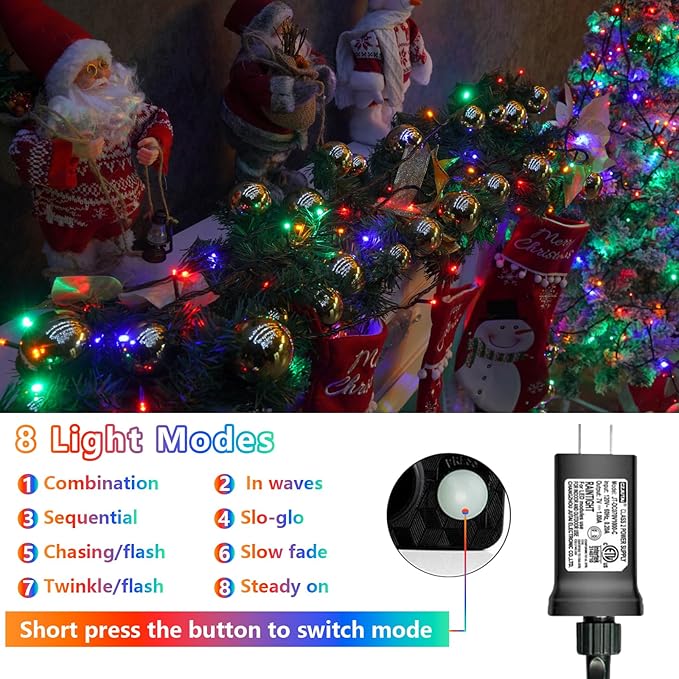 QITONG 500 LED 165ft Christmas String Lights Outdoor Waterproof, Multicolor Lights wiht 8 Modes, Green Wire Twinkle String Lights Plug in