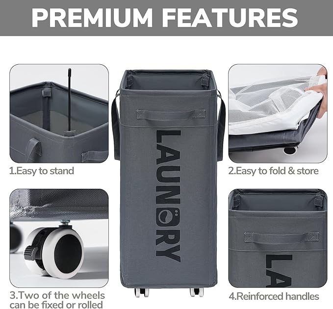 Goodpick Laundry Basket with Wheels, 75L Laundry Hamper, Dorm Room Essentials with Removable Wash Bag for Laundry Room, Rolling Laundry Basket with Handles, Grey