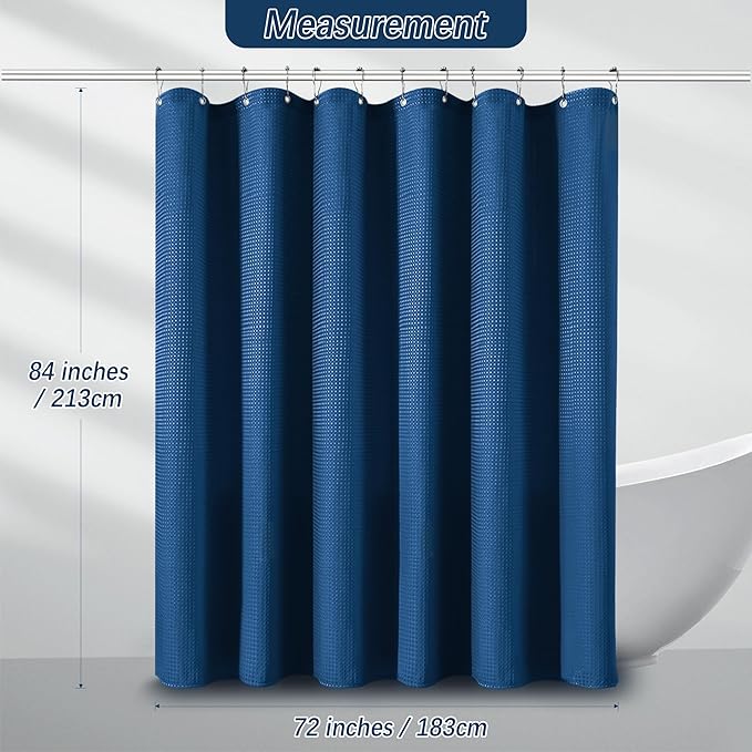 84 inch Long Shower Curtain Waffle Textured Fabric Shower Curtains, 256GSM Heavy Duty Weighted Shower Curtains, Hotel Quality Luxury Polyester Bathroom Curtain with 12 Hooks, 72Wx84H