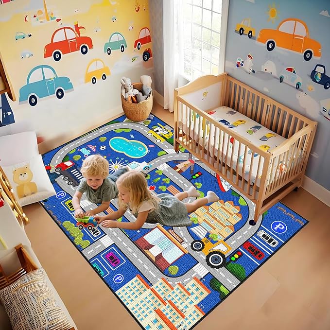 Car Track Rug - Car Rugs for Kids Toy Cars City Life Road Rug Large Kids Play Mat for Boys Girls Playroom Living Room Bedroom Classroom, 5'×7'