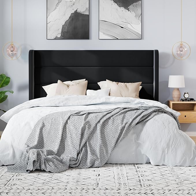 SHA CERLIN Full Size Velvet Bed Frame/Vertical Channel Tufted Wingback Headboard/Upholstered Platform Bed with Wooden Slats/Mattress Foundation/No Box Spring Needed/Easy Assembly/Black