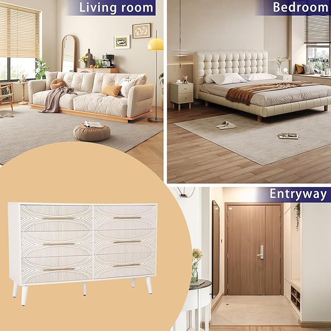 6 Drawer Dresser for Bedroom, Chest of Drawers with Metal Handle, Dresser TV Stand, Wood Drawer Organizer for Bedroom, Enterway, Texture White