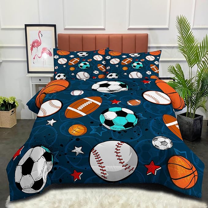 Tailor Shop Sports Boys Comforter Sets Full Size,Sports Bedding Sets for Boys Kids Teens Football Basketball Baseball Ball with 2 Pillowcase……
