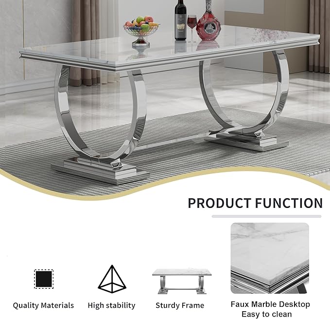 Goujxcy 68" Faux Marble Dining Table Set for 6, 7-Piece Dining Set with White Silver Kitchen Table and 6 Velvet Tufted Chairs, Modern Rectangular Dining Room Table with O-Shape Stainless Steel Base