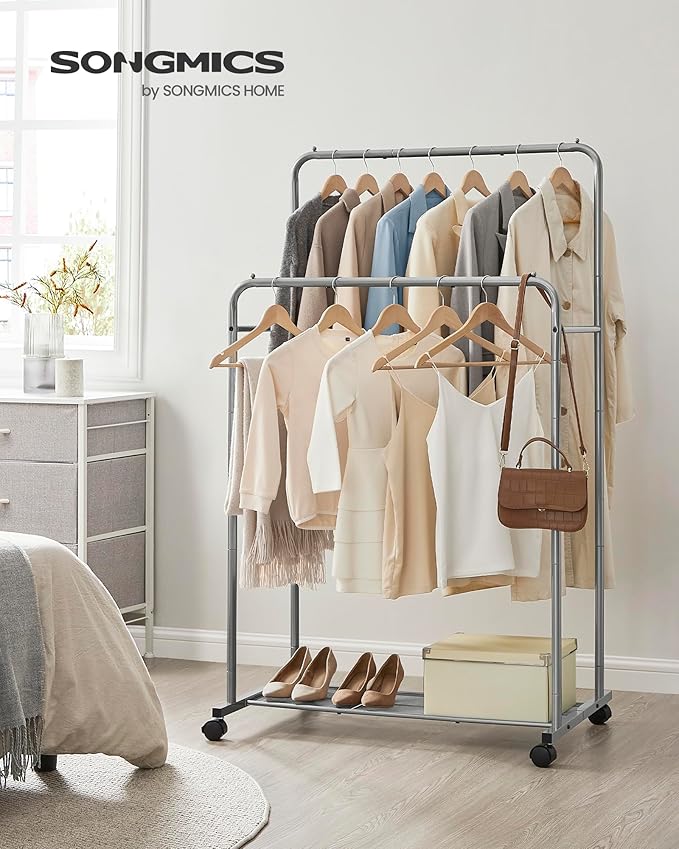 SONGMICS Double Rods Clothes Rack with Wheels, Clothing Rack for Hanging Clothes, Heavy Duty Garment Rack with Mesh Storage Shelf, 2 Brakes, Each Top Rail Holds up to 77 lb, Gery UHSR026G01