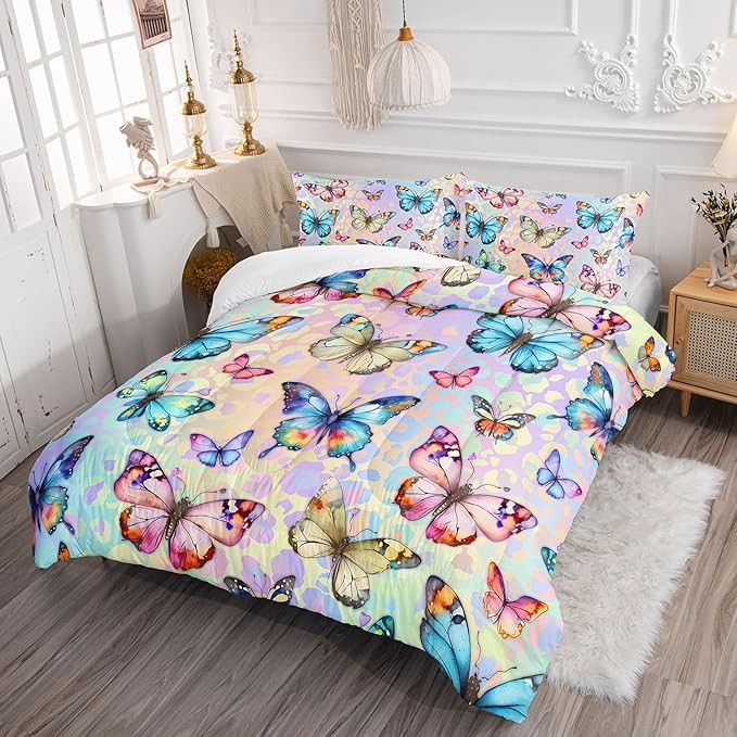 Kids Comforter Set Butterfly Printed Pattern Bedding Set with 1 Comforter and 2 Pillowcases for Girls Boys Bedroom All Season(Butterfly0 Full)