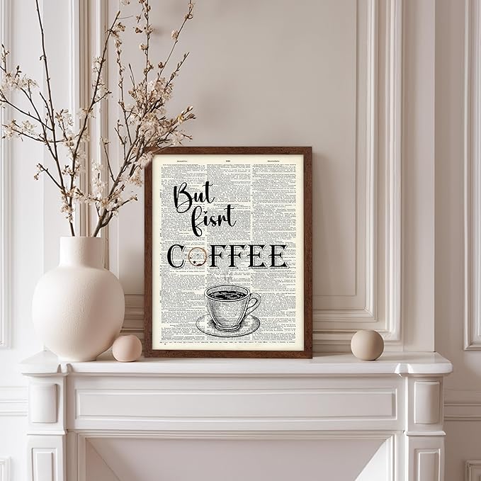 Poster Master Dictionary Art Poster - But First Coffee Print - Cafe Art - Gift for Men, Women, Coffee Lovers & Barista - Funny Decor for Kitchen, Restaurant or Dining Room, 8x10 Brown Framed