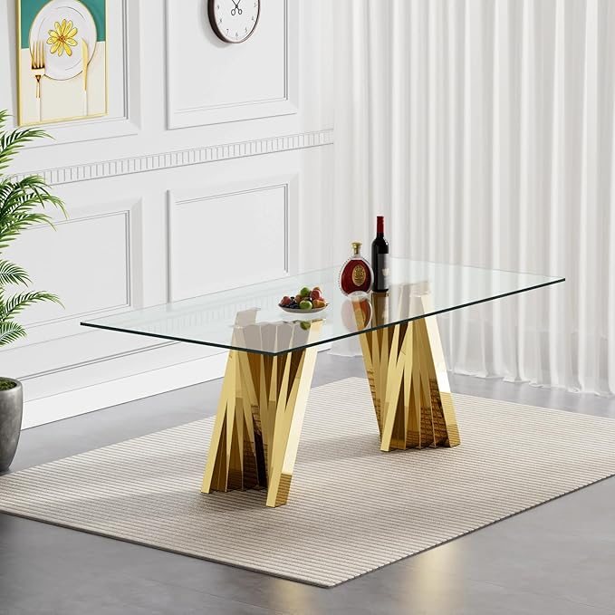 7 Piece Dining Table Set with 6 Beige Dining Chairs, Modern Glass Kitchen Table and Chairs Set for 6, 70" Rectangle Gold Glass Pedestal Dining Room Tables with Flash-Shape Stainless Steel Base