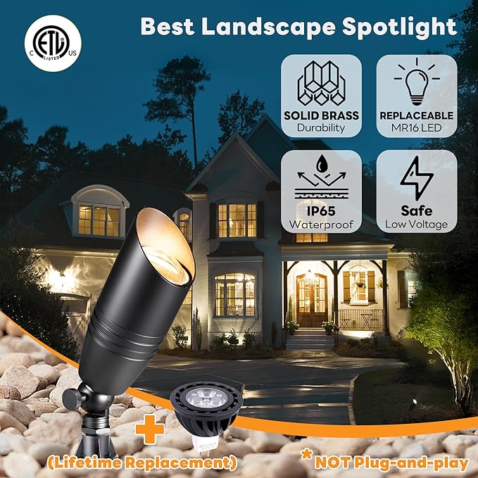 Low Voltage Spotlight LED - 12V Black Outdoor Light Fixture Weather Proof, Brass Landscape Lights Hardwired, Coastal for Flag Sign with Neutral White MR16 Removable Bulbs (10 Pack)