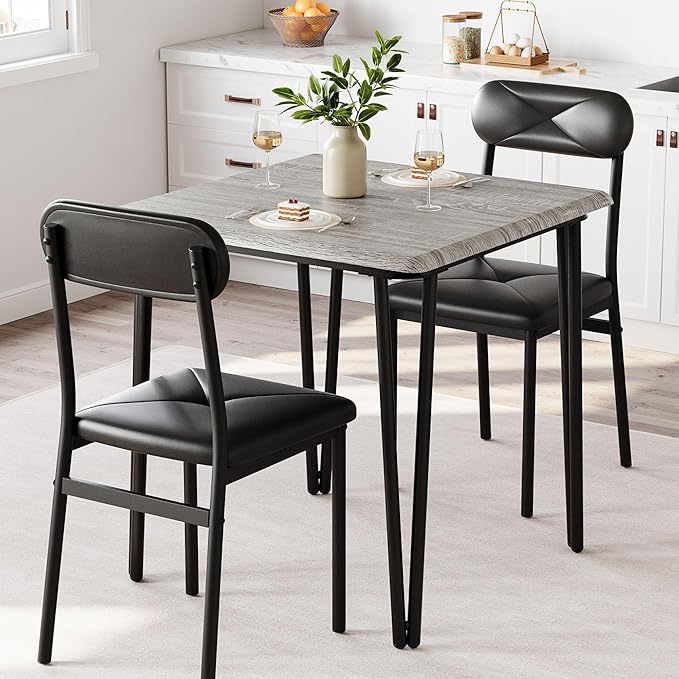 GarveeHome Dining Table Set for 2, Kitchen Table with Upholstered Chairs for Kitchen Room and Small Spaces (Grey, Table with 2 Chairs)