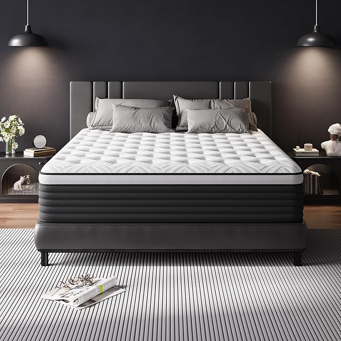 COOLMI King Size Mattress, 12 Inch Hybrid Memory Foam Mattress in a Box, Pressure Relief for Back Support, Medium Firm, Individually Pocket Springs, 100-Night Trial & CertiPUR-US Certified,Grey King