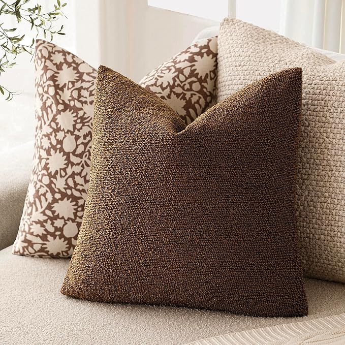 Foindtower Set of 2, Decorative Textured Boucle Throw Pillow Covers Accent Solid Pillow Cases Neutral Soft Cozy Couch Cushion Case for Chair Sofa Bedroom Living Room Home Decor 26x26 Inch Hazel Brown