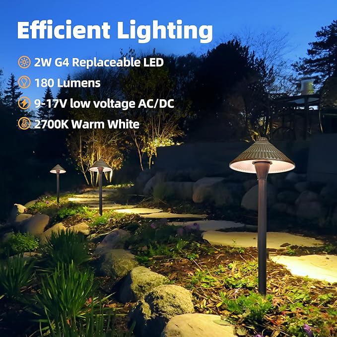 Solid Cast Brass Pathway Lights, 12V Low Voltage Landscape Lighting LED Path Lights with G4 Bulb for Outdoor Walkway, Garden, 23" Tall, 7.5" Shade