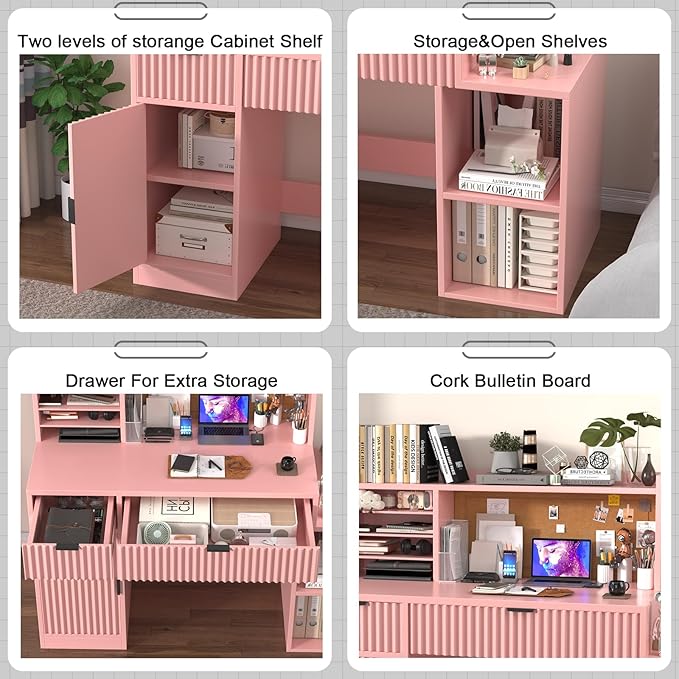 Pink Wooden Kids Fluted Desk and Chair Set,Kids Study Table and Chair Set with 2 Fluted Drawers,Kids Study Desk with 3 Storage Cabinets,Girls Study Desk for Kids with Hutch for Bedroom-Fa2Ox7