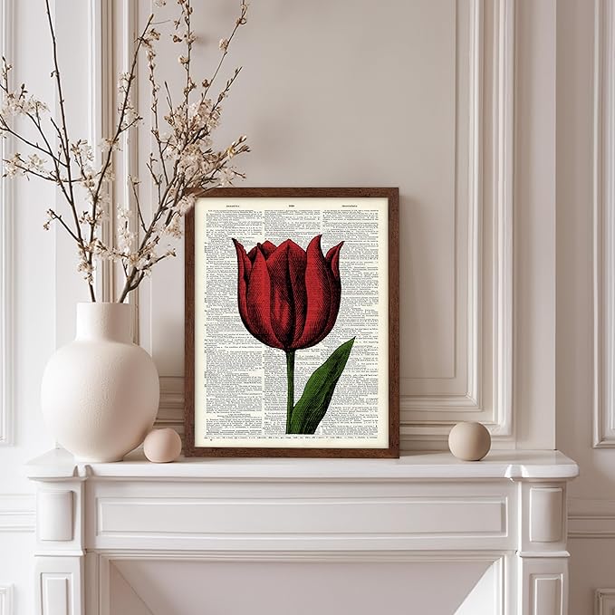 Poster Master Dictionary Art Poster - Tulip Print - Red Flower Art - Floral Art - Gift for Men, Women & Florist - Minimal Decor for Living Room, Bedroom, Dorm or Flower Shop, 8x10 Brown Framed
