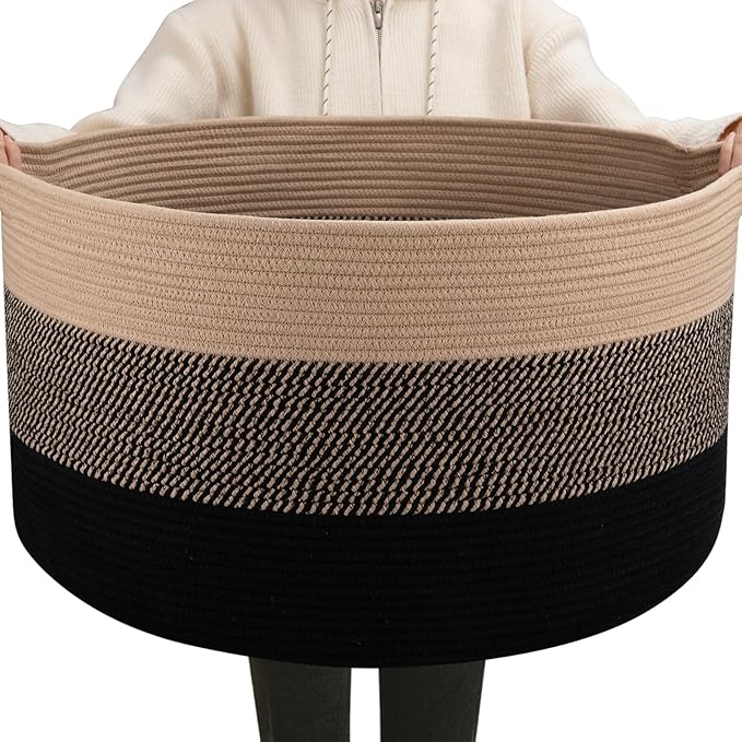 OIAHOMY Extra Large Storage Basket, 23" x 13" Woven Blanket Storage for Living Room, Round Laundry Basket for Pillow-Yellow and Black