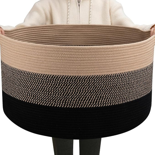 OIAHOMY Extra Large Storage Basket, 23" x 13" Woven Blanket Storage for Living Room, Round Laundry Basket for Pillow-Yellow and Black