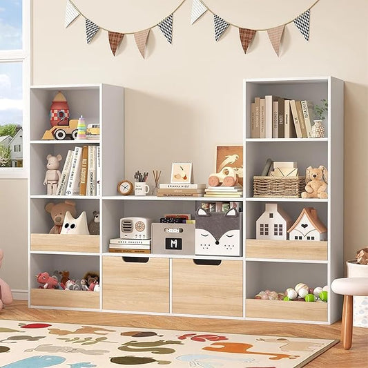 Kids Bookshelf and Toys Storage Organizer - 4 Tier Bookcase for Kids Room, 9 Cube Toys Bookshelf with 2 Drawers,Book Shelf for Living Room Playroom for Children,Toddlers, Gifts,Oak & White