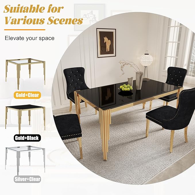 5 Piece Glass Dining Table Set, Morden Kitchen Table Set for 4 with 51" Black Glass Dining Table and 4 Black Velvet Upholstered Chairs for Kitchen, Gold Legs
