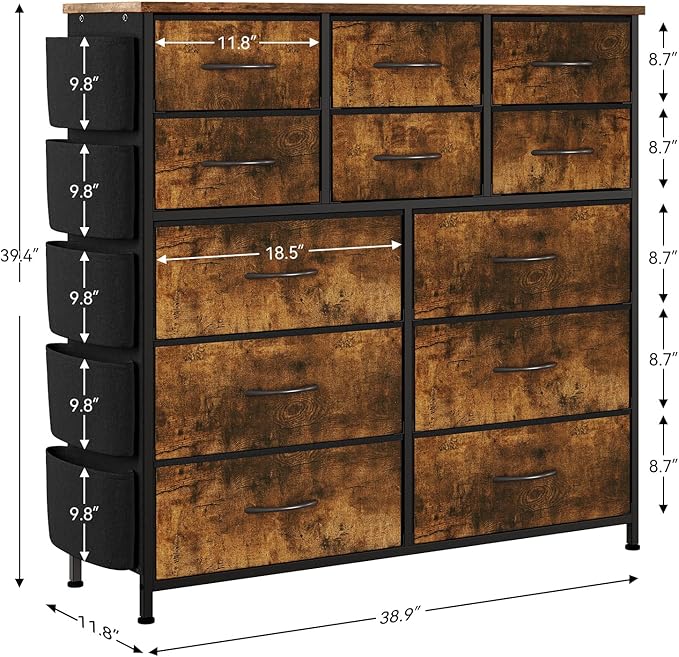 Dresser for Bedroom with 12 Drawers, Tall Dresser Chest of Drawers with 5 Side Pockets and Hooks, Wooden Top Fabric Dresser Storage Tower for Closet, Hallway, Living Room, Rustic Brown
