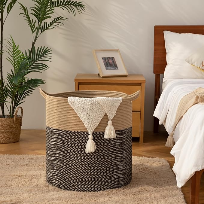 Laundry Basket, 100L Large Laundry Hamper, Tall Woven Rope Storage Basket for Blanket Toys Pillows Towels, Baby Nursery Hamper Bin for Living Room, Bedroom (Black & Yellow)