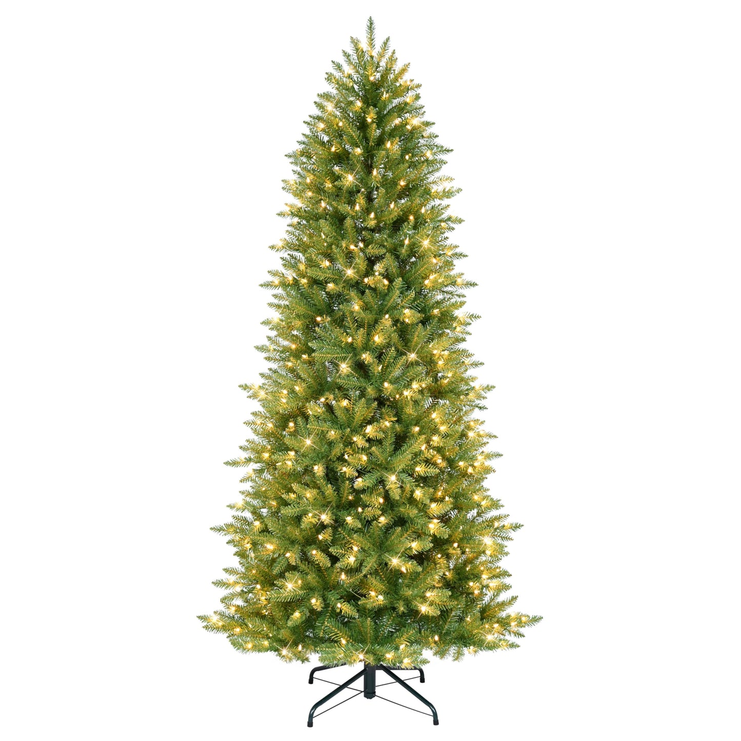 Puleo International 7.5ft Pre-Lit Slim Fraser Christmas Tree with 600 Clear Lights, 1347 Realistic Dense Branch Tips, Easy Setup Artificial Trees with Sturdy Metal Stand
