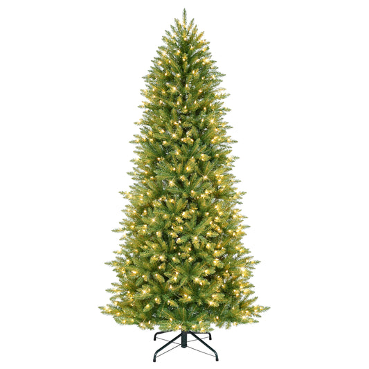 Puleo International 7.5ft Pre-Lit Slim Fraser Christmas Tree with 600 Clear Lights, 1347 Realistic Dense Branch Tips, Easy Setup Artificial Trees with Sturdy Metal Stand