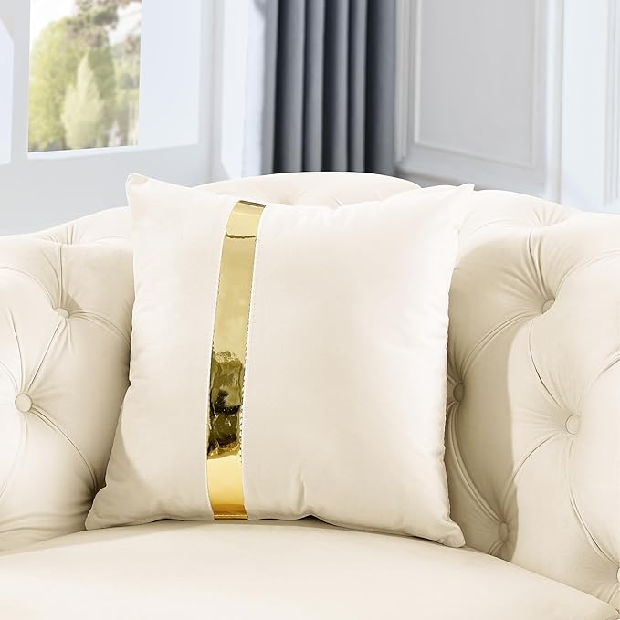 KEIKI 91" Luxury Oversized Velvet Chesterfield Sofa with Gold Stainless Steel Accents and 2 Pillows, Mid-Century Style 3-Seater Button Tufted Couch, Easy Assembly, for Apartment, Living Room, Beige