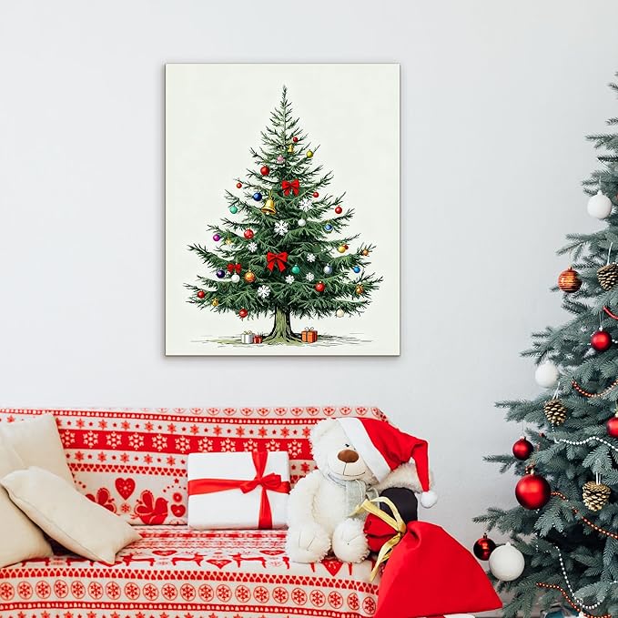 Framed Christmas Pictures Wall Decor,Vintage Pine Tree Prints,Winter Christmas Canvas Wall Art Decoration for Bedroom Bathroom Living Room Rustic Xmas Holiday Gifts (Christmas Tree 8, 16'' X 24'')