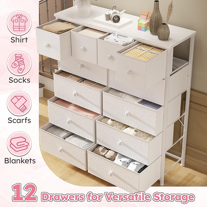 Dresser for Bedroom with 12 Drawers Tall Dressers for Bedroom Fabric Dressers & Chest of Drawers with Sturdy Metal Frame, Wood Top, for Woman, Closet, 40.6" W x 11.8" D x 44.5" H (White)