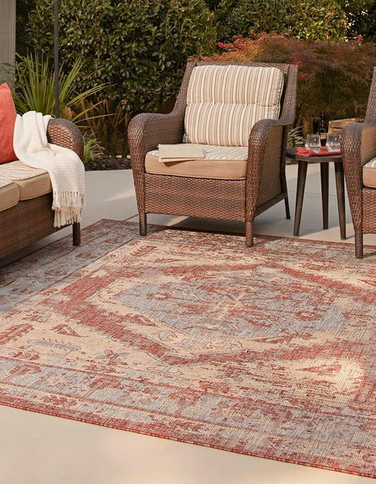 Unique Loom Outdoor Traditional Collection Area Rug - Valeria (10' Square, Rust Red/ Ivory)