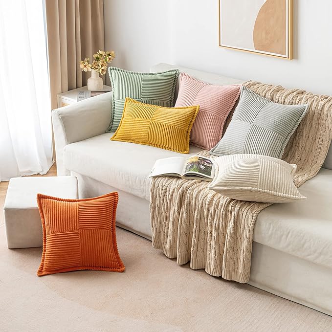 MIULEE Decorative Throw Pillow Covers for Couch Bed Livingroom 18x18 Inch Set of 2 Beige Boho Accent Throw Pllows Broadside Striped Patchwork Soft Corduroy Pillowcases