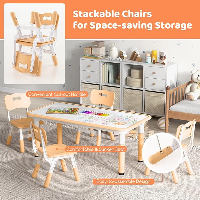 Costzon Kids Table and 4 Chair Set, Height Adjustable Toddler Desk and Chairs with Graffiti Desktop, Non-Slip Legs, Children Art Study Multi-Activity Table Set for Home, Daycare, School (Natural)