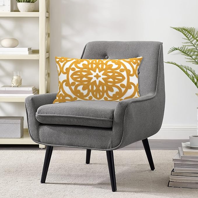 Alysheer Embroidered Lumbar Decorative Throw Pillow Cover 12"x 20", Classic Boho Mandala Embroidery Pattern Cotton Rectangular Cushion Case for Sofa Couch Living Room Bedroom(Mustard Yellow)